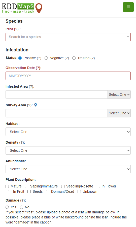 Screenshot from the EDDMapS reporting portal.