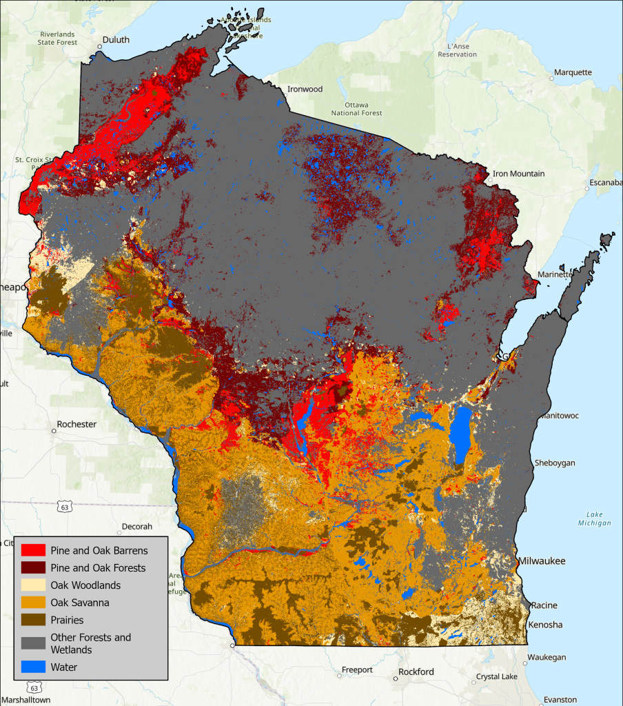Map of the different fire-dependent forest ecosystems across Wisconsin before European settlement. Most of the southern half of the state and some sections of the northern half of the state were fire-dependent.