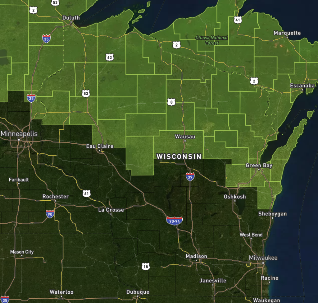 A map highlighting most of the counties in northern and north-central Wisconsin.